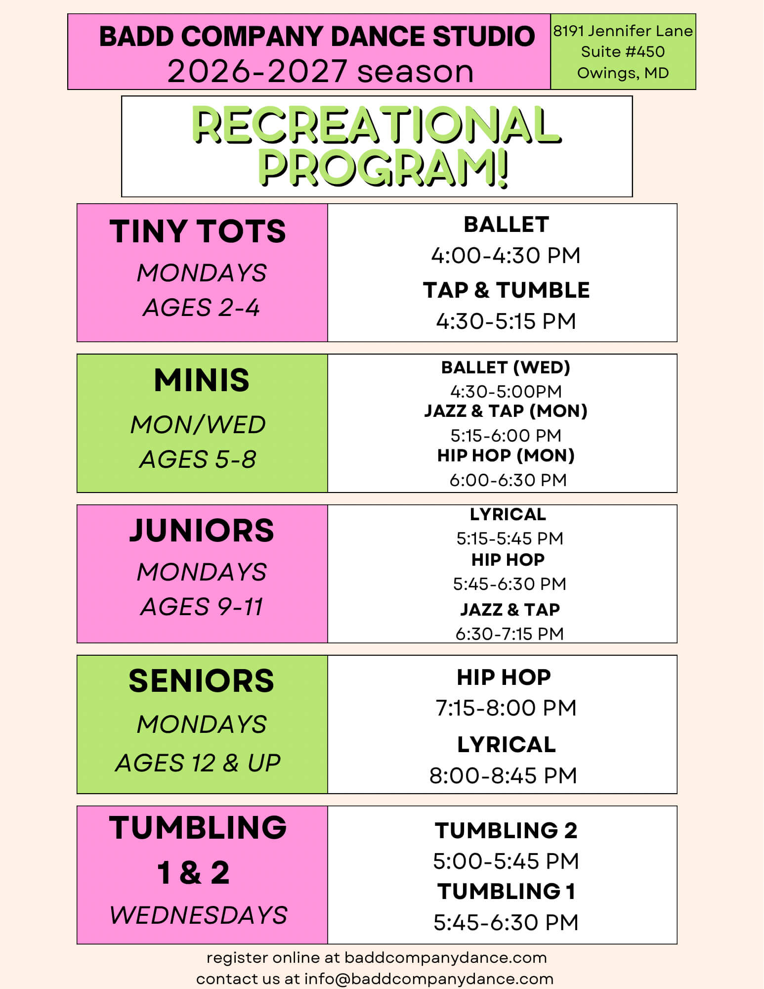 BADD Company Dance Studio 2026-2027 recreational program schedule