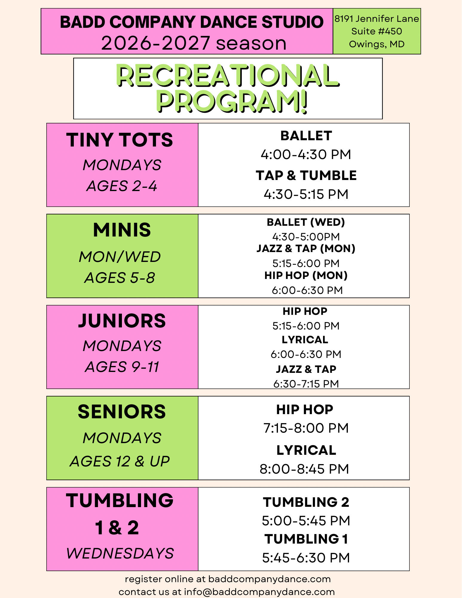 BADD Company Dance Studio 2026-2027 recreational program schedule