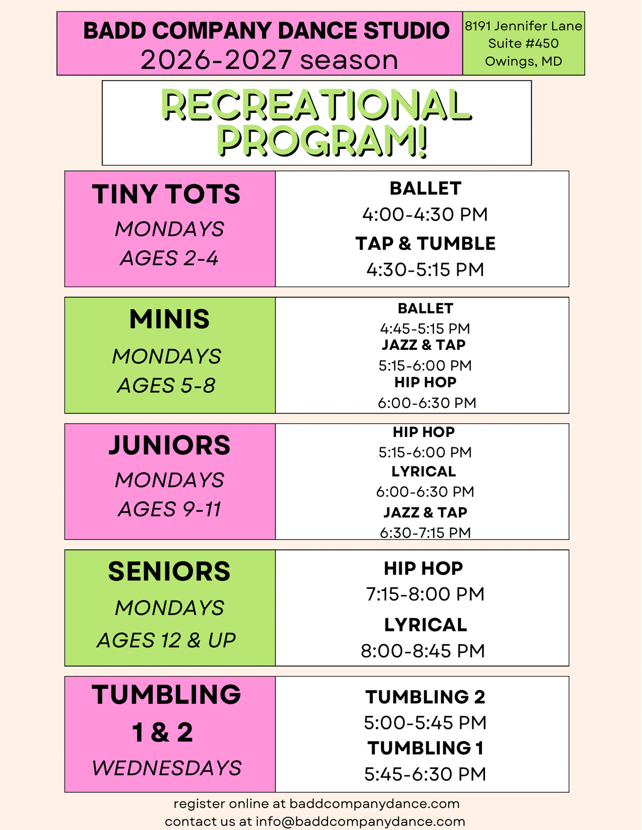 BADD Company Dance Studio 2026-2027 recreational program schedule